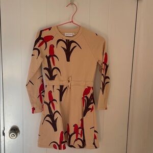 Mini Rodini Beige Dress with Red Bird Design